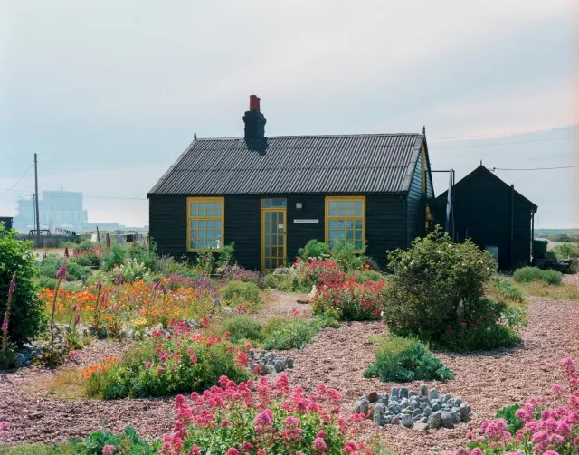 Fotografía de Prospect Cottage en un día luminoso pero algo nublado. La extensión de tierra que rodea la cabaña es de grava gruesa. Agrupaciones de flores de diversos colores aparecen desperdigadas, con algunas aglomeraciones artificiales de piedras formando motivos geométricos adornando el paisaje. La imagen es muy colorida.